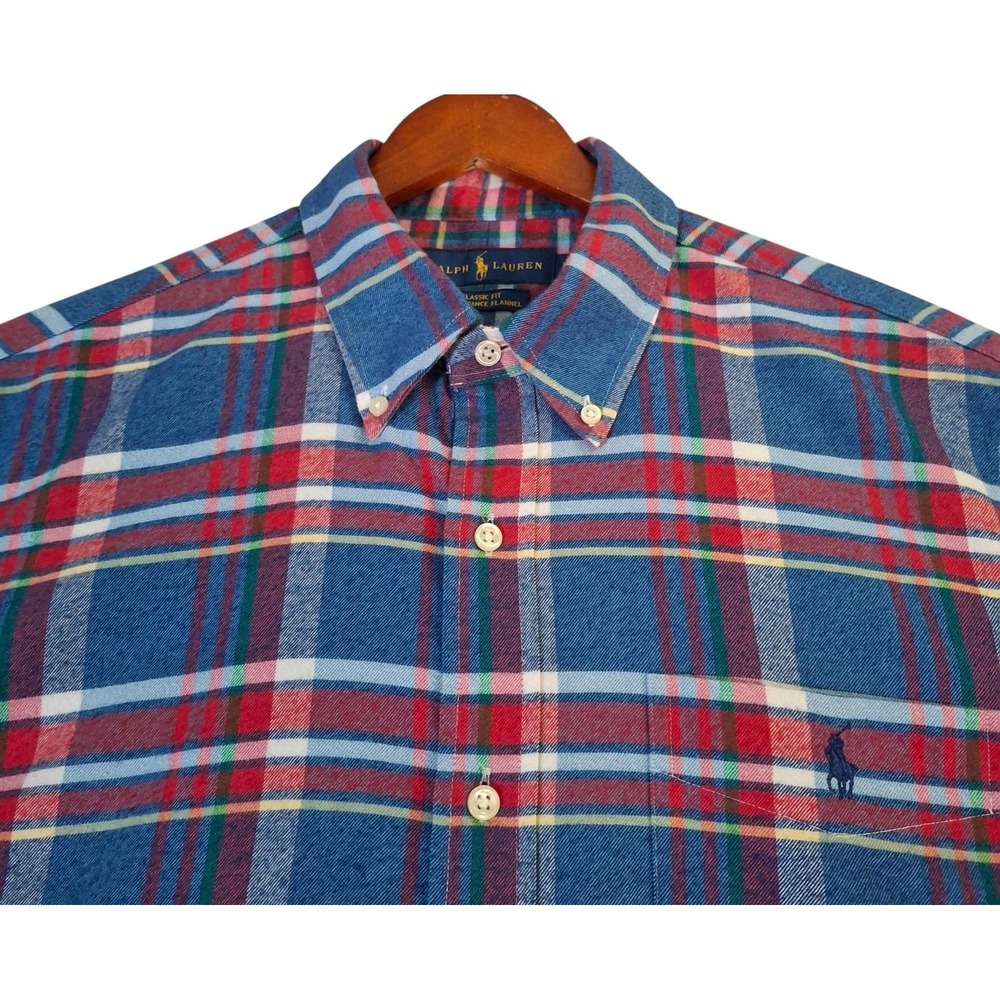 Ralph Lauren Performance Flannel Shirt Mens Large Blue Red Classic Fit Plaid - Picture 3 of 9